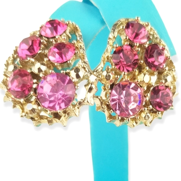 Vintage Weiss Pink Rhinestone Clip Earrings EVC - Picture 2 of 7